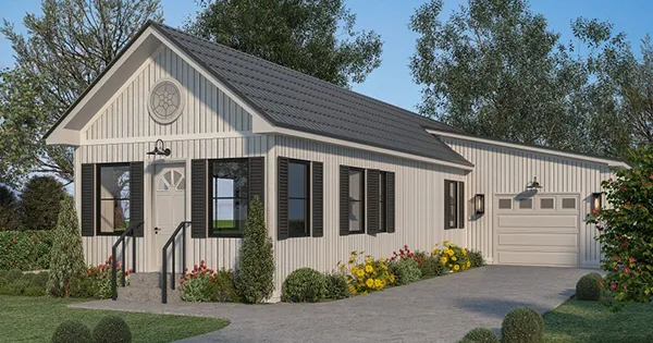 Mary Ellen modular ADU with two bedrooms above a one-car garage