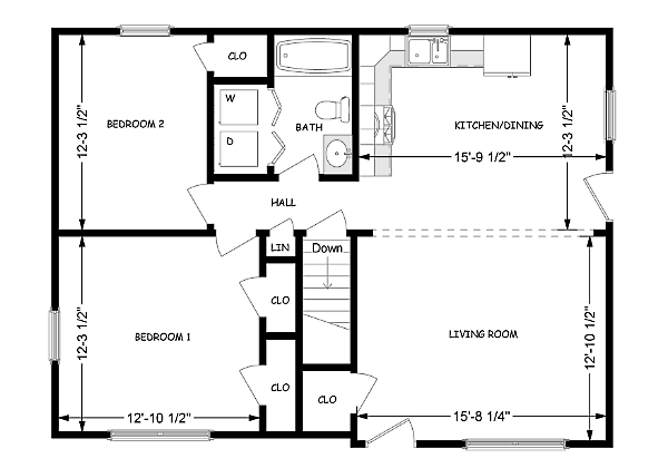 Floor plan of the Two Bedroom Ranch (952 sq ft)