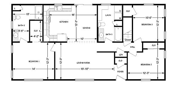 Floor plan of the Three Bedroom Ranch (1,352 sq ft)