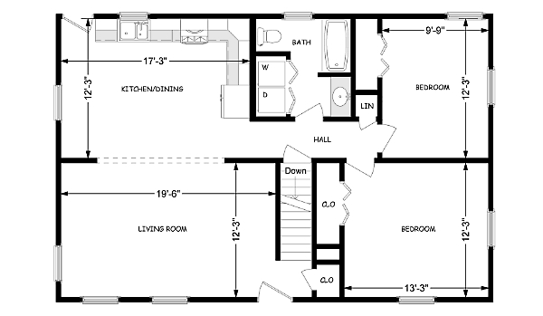 Floor plan of the Two Bedroom Cape (1,052 sq ft)